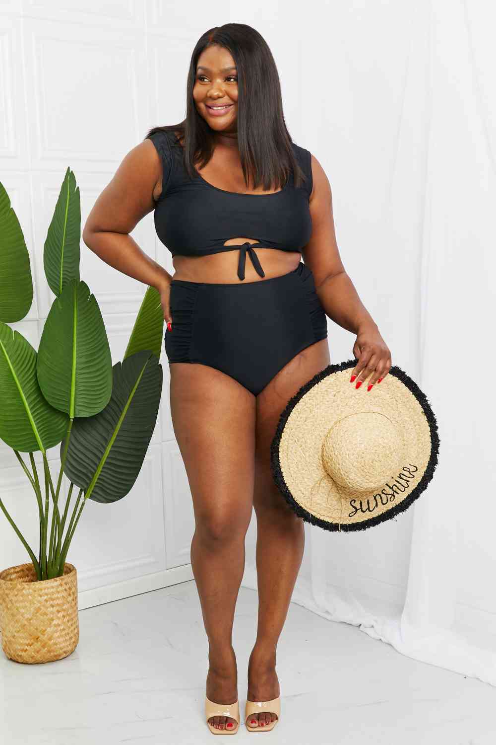 Marina West Swim Sanibel Crop Swim Top and Ruched Bottoms Set in Black