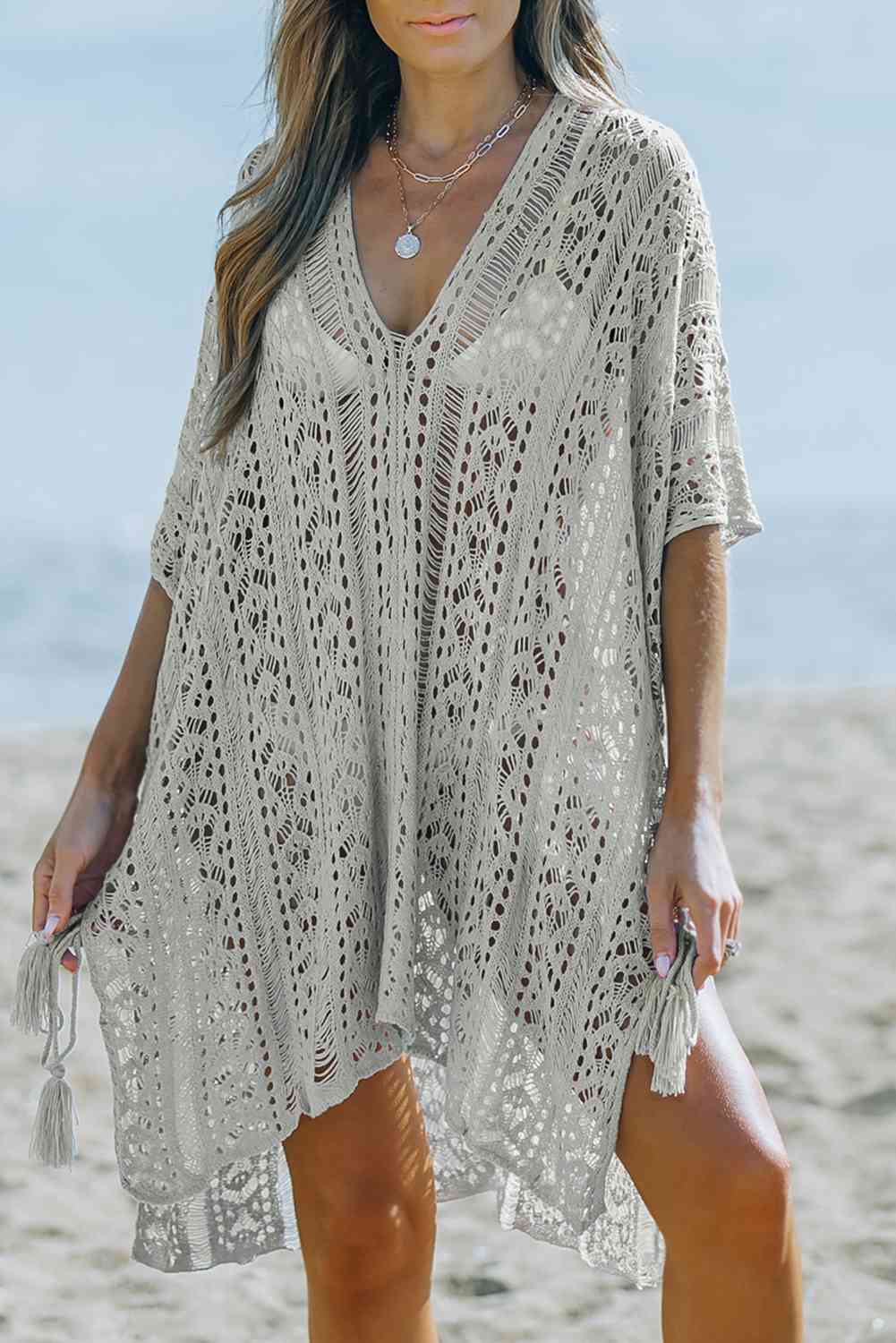 Openwork V-Neck Slit Cover Up