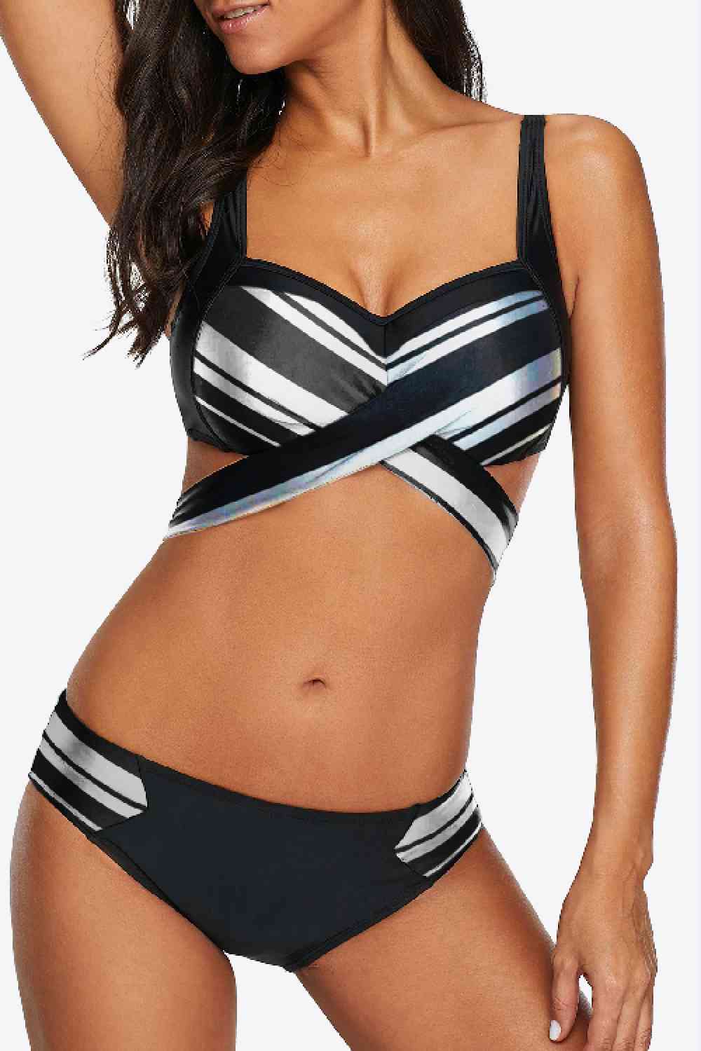 Striped Crisscross Tie-Back Bikini Set