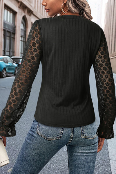 Lace Mesh Flounce Sleeve Ribbed Blouse