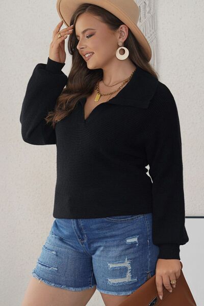 Plus Size Collared Neck Long Sleeve Sweater