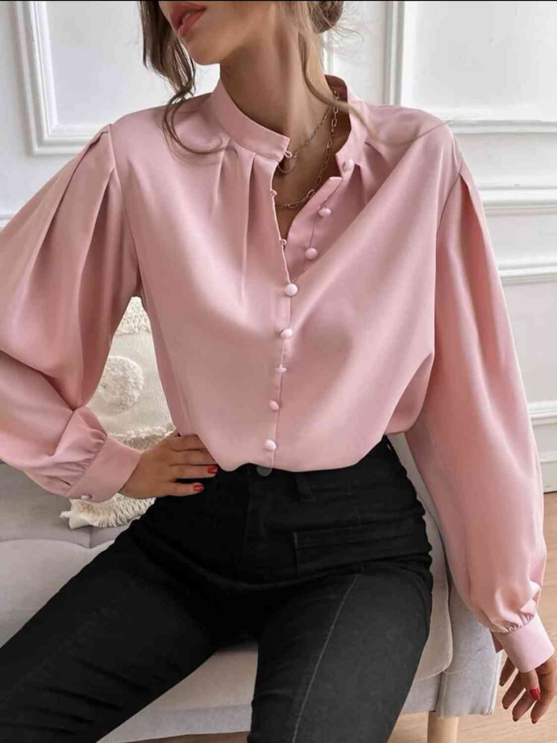 Mock Neck Button Front Shirt