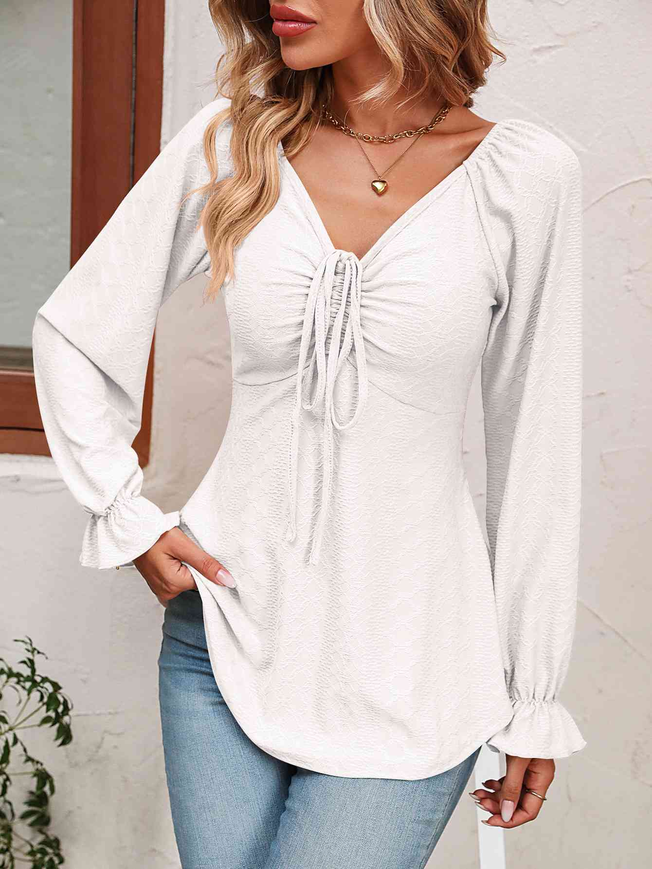 Tie Front V-Neck Puff Sleeve Blouse